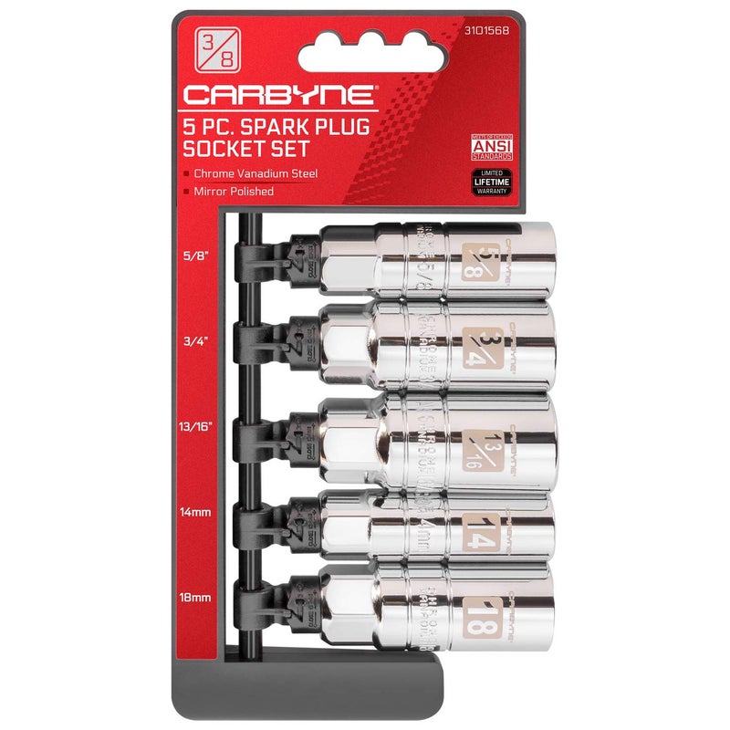 CARBYNE 5-Piece Spark Plug Socket Set - Includes 5/8", 3/4", 13/16", 14mm, 18mm sizes. High Visibility 3/8-Inch Drive SAE & Metric Spark Plug Socket Set - Heat Treated CR-V Steel, Mirror Polish - Image 1